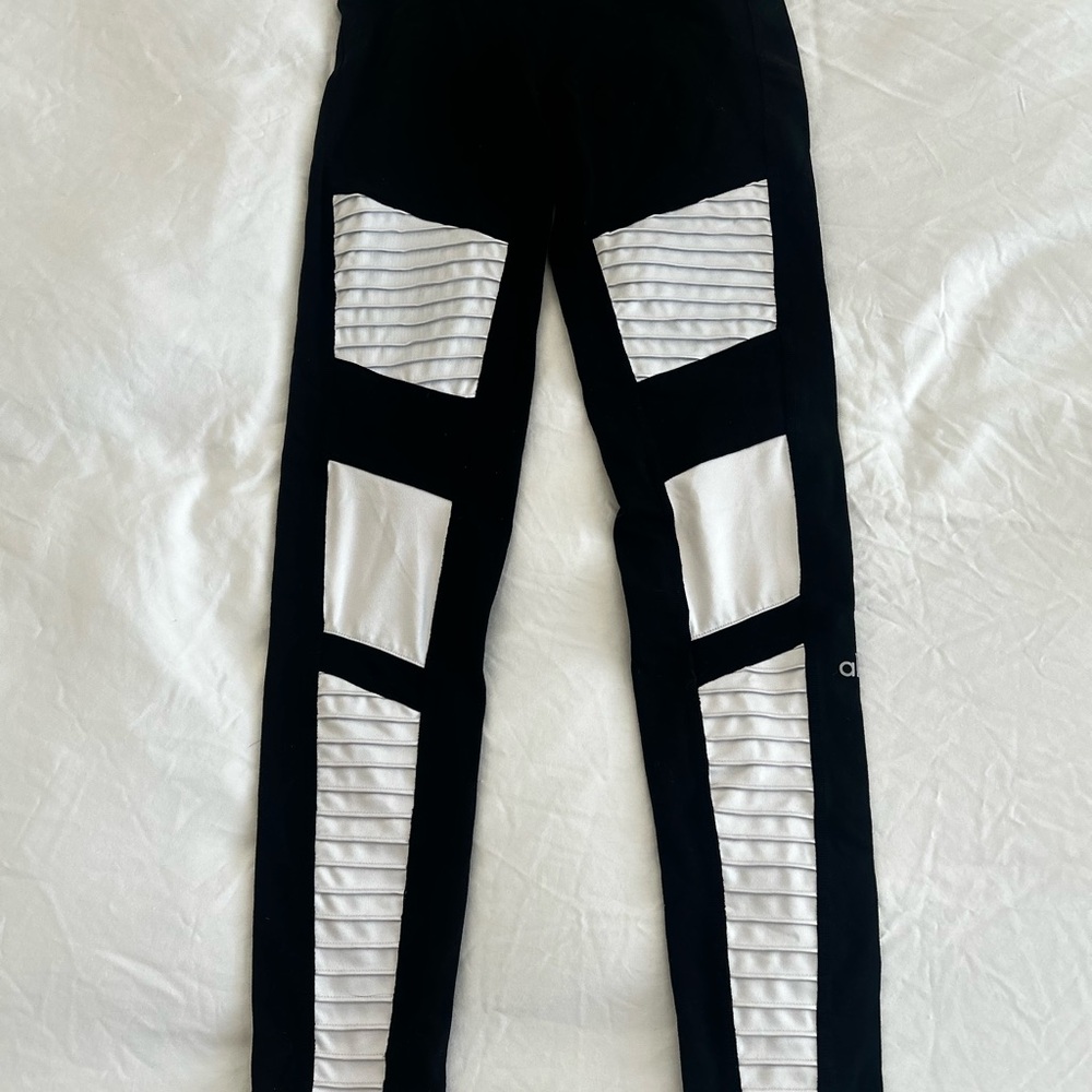 ALO Yoga Black and White Leggings with Geometric Mesh Panels